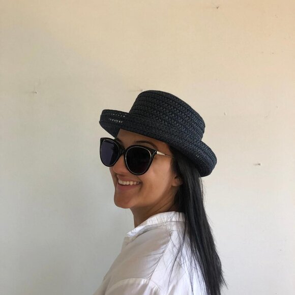 Vintage Blue Hat - Retro Woven Pattern, Curved Brim - 90s Fashion for Women main image 5